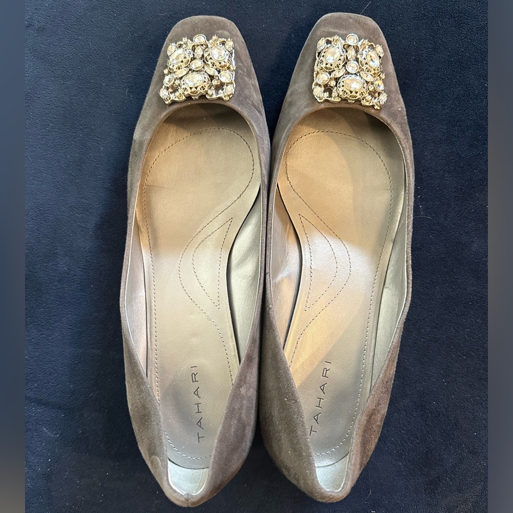 Suede Tahari heels with gems